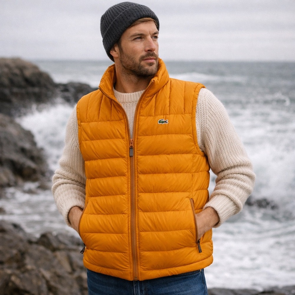 Lacoste Mens Gold Quilted Down Puffer Vest Size 48 Medium BH2535 Full Zip